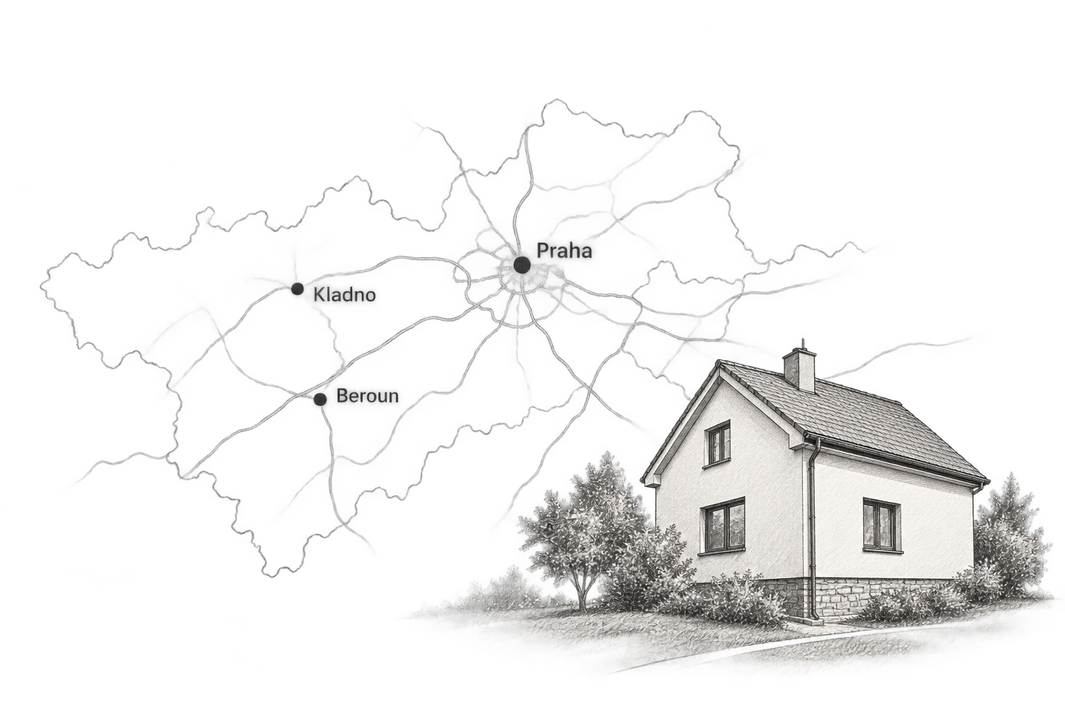 Mapa oblasti působnosti mezi Prahou, Kladnem, Berounem a Rokycany