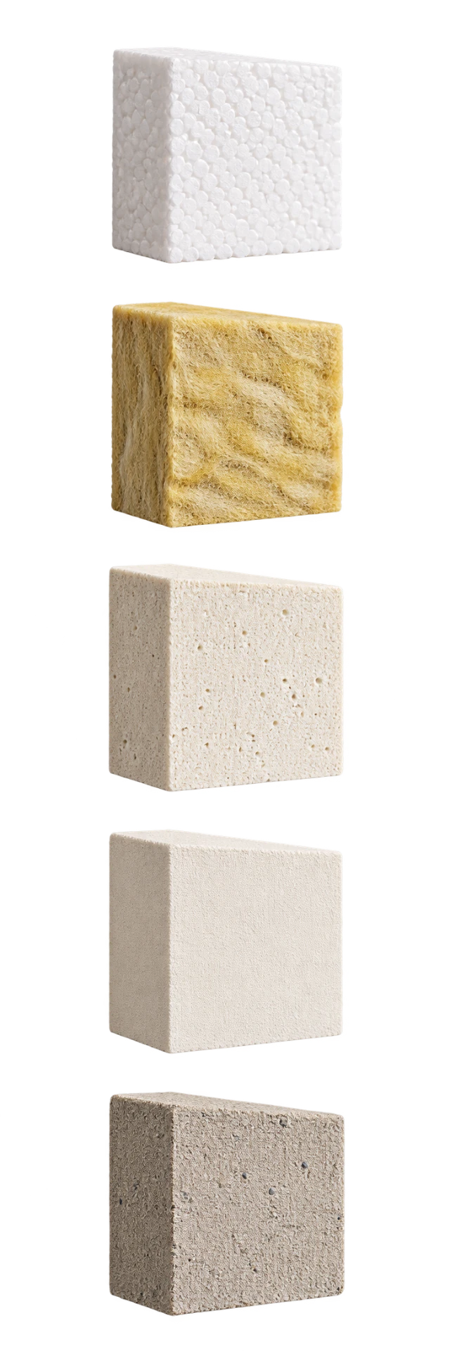 Pět vzorků izolačních materiálů